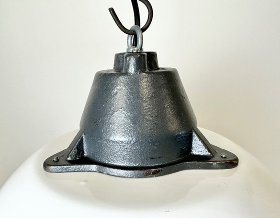 Image 1 of White Enamel and Cast Iron Industrial Pendant Light with Glass Cover, 1960s