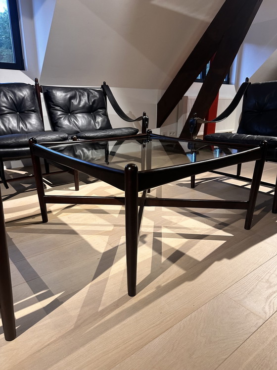 Schwarzes Vollnarbenleder Skandinavisches Safari Sitzecke Set – 1960er Jahre – Wood, Leather (photo 6 of 8)