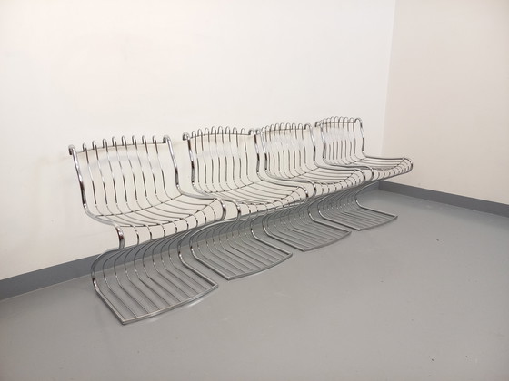Image 1 of Suite van 4 Gastone Rinaldi Vintage Italiaanse stoelen in verchroomd metaal en Bouclettes stof uit de jaren 70