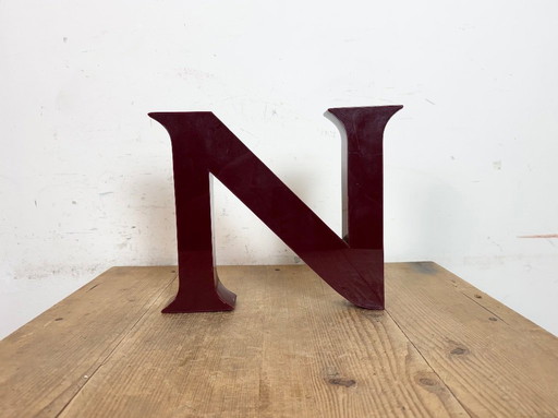 Vintage Dark Red Illuminated Letter N , 1980s