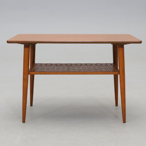 Table basse vintage Scandinave en teck avec étagère tressée - années 60