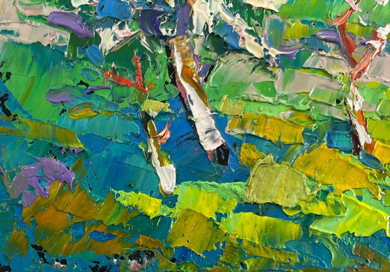 Image 1 of Original Oil Painting Flower Trees Landscape Blooming spring garden