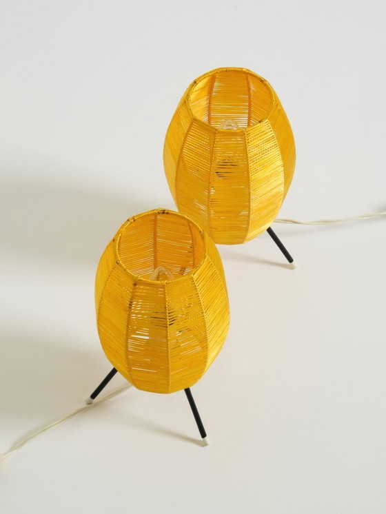 Image 1 of Two beautiful Mid Century modern tripod raffia table lamps