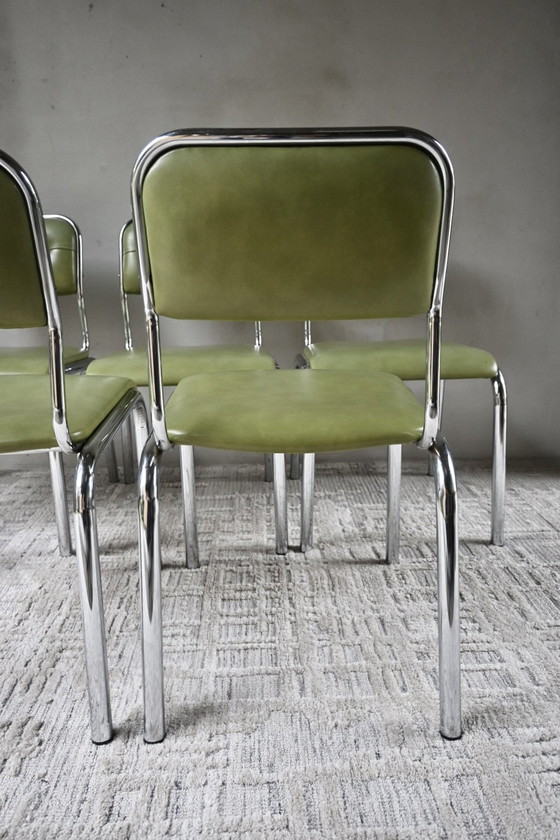 Set of 5 characteristic mid-century dining chairs 50/60, Chrome, Skai, Green (photo 12 of 13)