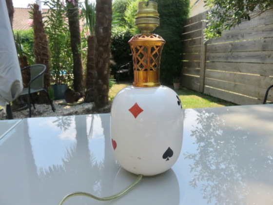 Image 1 of Porcelain lamp by Rivière Letort, Saint Méen Le Grand, France, "playing cards" design, 1950