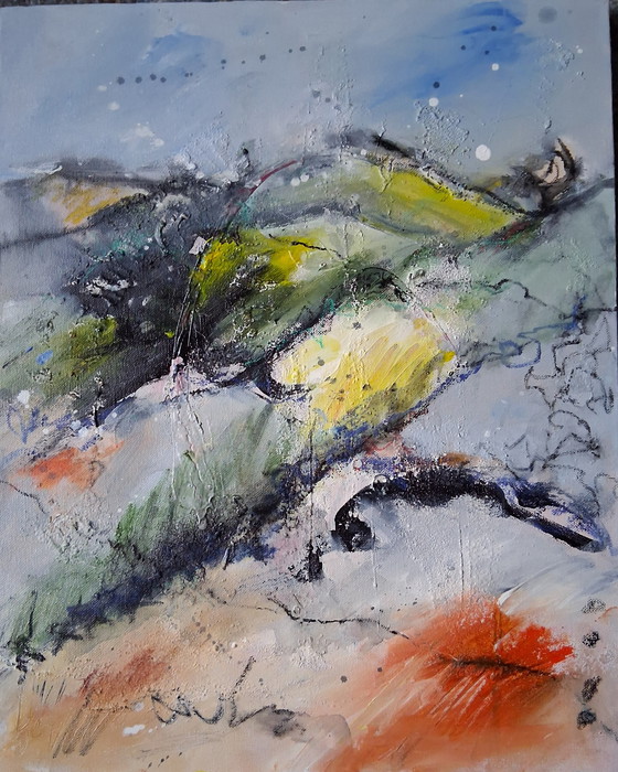 Image 1 of In the hills, mixed media with acrylic, ink and sand
