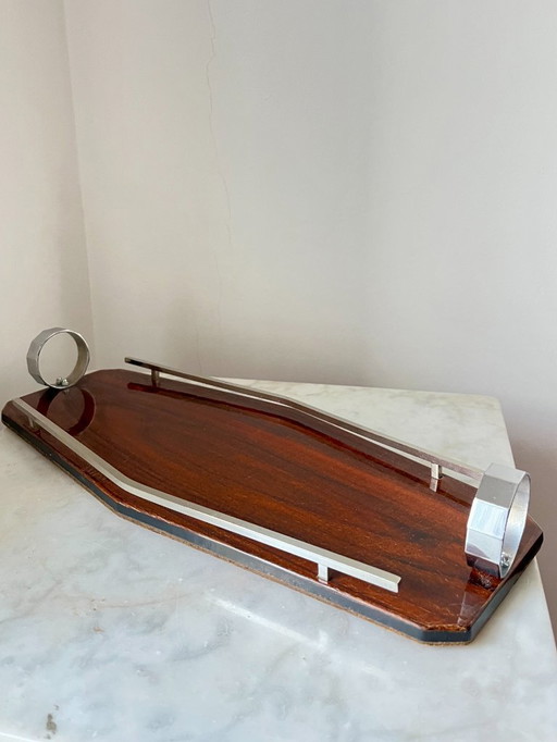 Bandeja Art Déco de madera y cromo: diseño geométrico, años 30