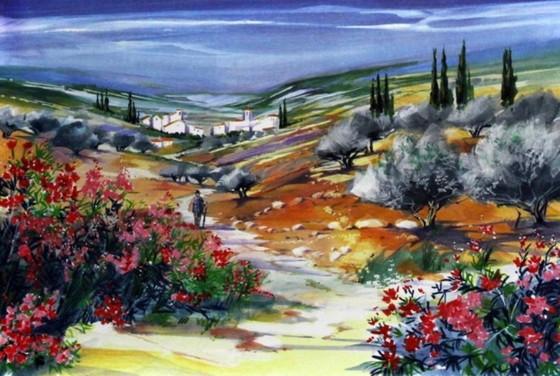 Image 1 of Ella Fort: "L'Arrivée." Hand signed, E.A. color lithograph.