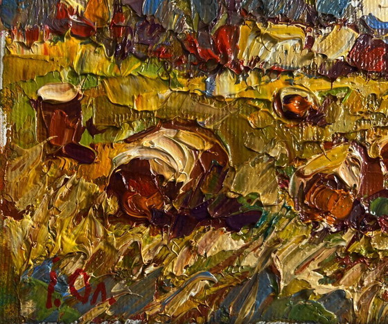 Image 1 of Original Oil Painting Summer Field Landscape Haystacks in the field