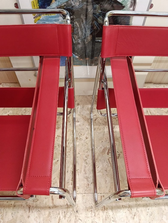 Image 1 of KNOLL Studio Set van 2 WASSILY B3 fauteuils (NIEUW) in rood leer