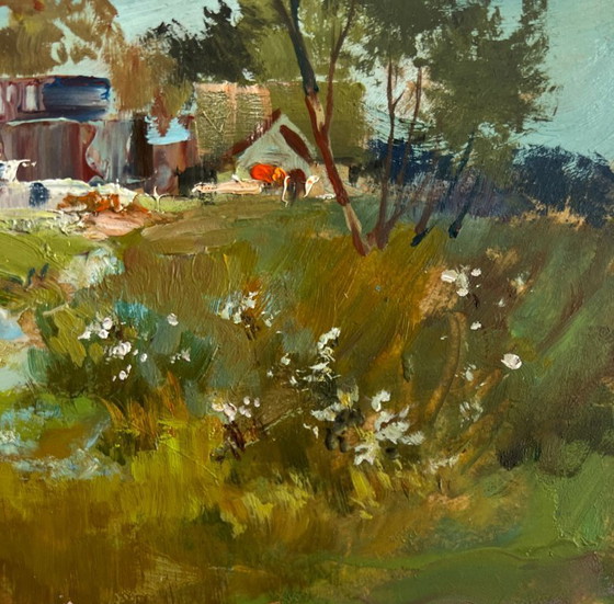 Image 1 of Origineel olieverfschilderij: Landschap met zomerhuisje - Rust op het platteland in de zomer