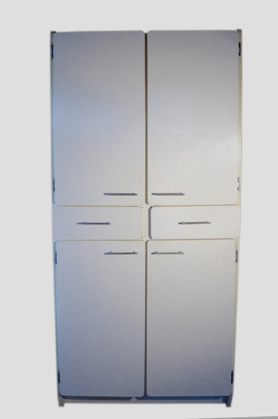 Formica kast met 4 deuren en 2 lades, wit met beige nerf, B78xD40xH175cm – Opbergkast, Metal, Wood (photo 8 of 11)