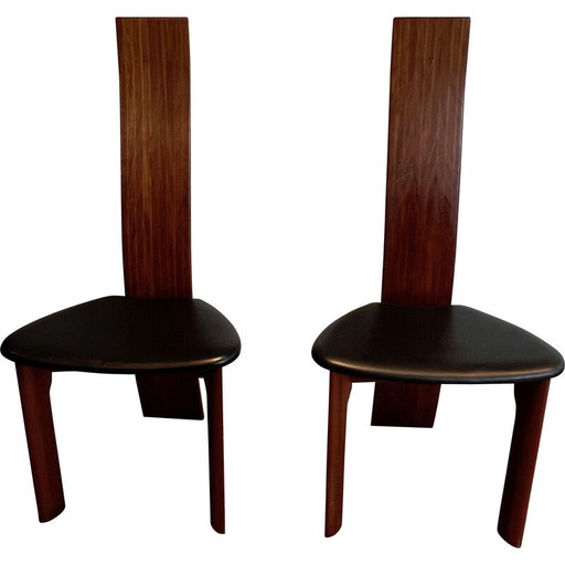 Pair of vintage chairs in exotic wood and leather, 1970