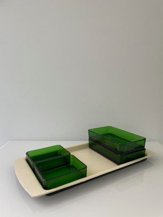 Image 1 of Vintage serving bowl with bright green glass trays - 1960s retro design