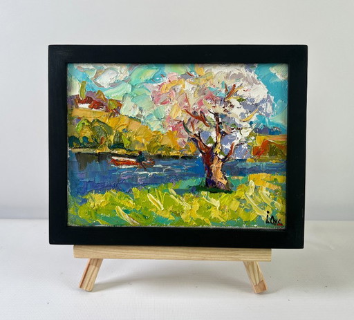 Original Oil Painting River Coastal Landscape Early spring morning