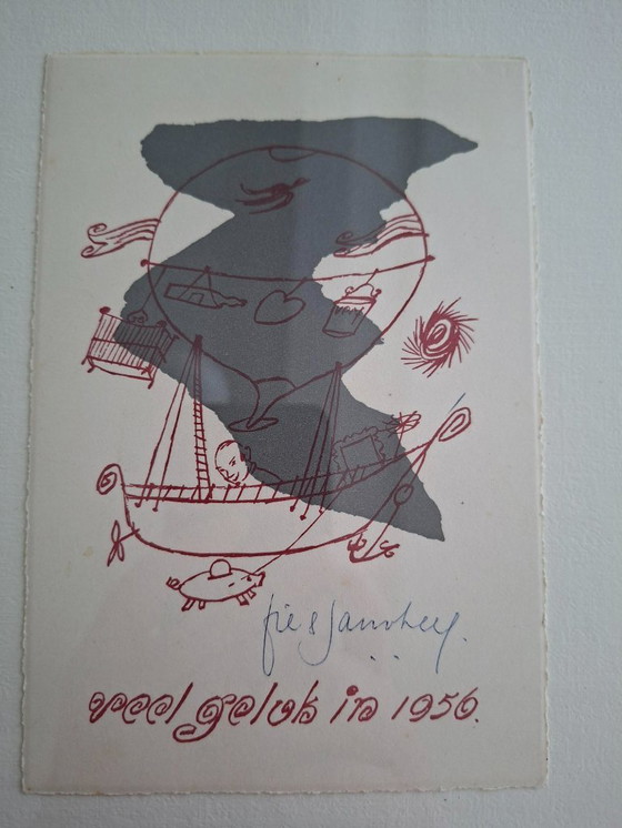 Image 1 of ingelijste litho van Jan van Heel nieuwjaarskaart mid century 1956