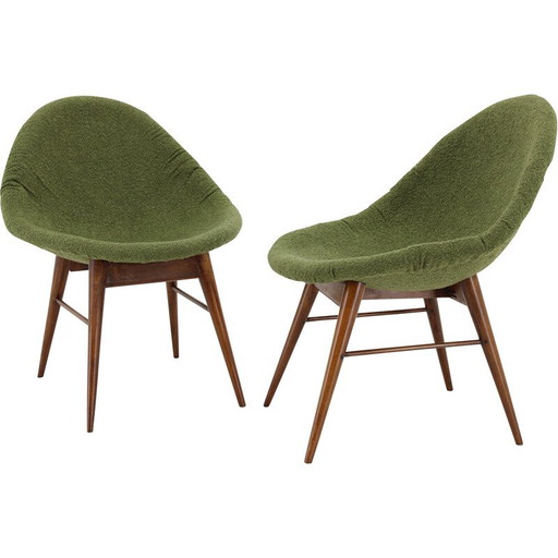 Pair of vintage shell chairs in wood and green Boucle fabric, Czechoslovakia 1960