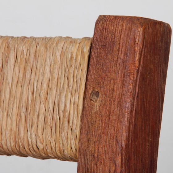 Image 1 of Stoel van massief hout met rieten zitting, Frans vakmanschap, 1950
