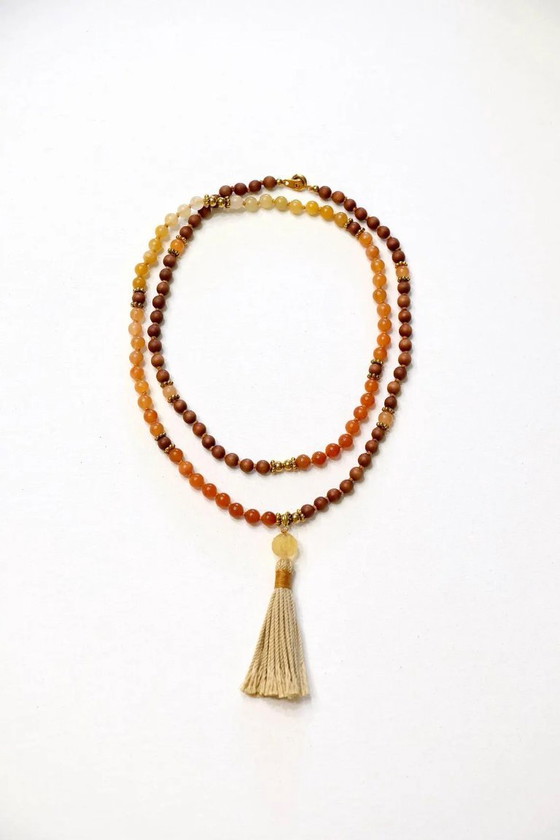 Image 1 of Aventurine & Sandalwood Mala Bead Necklace: 18K Gold-Plated Accents