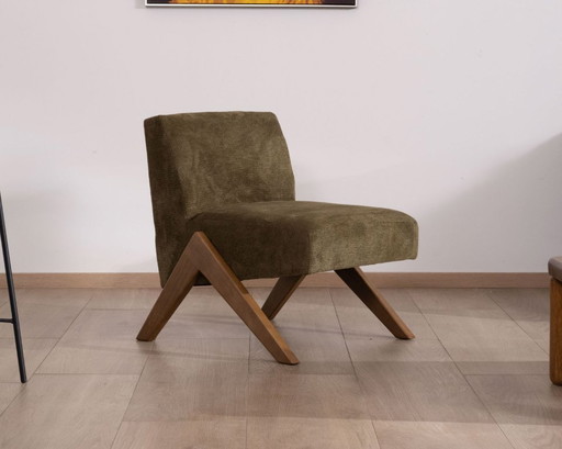 Fauteuil scandinave kaki pieds boomerang - Neuf