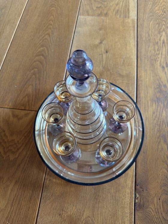Image 1 of Vintage likeurset, retro karaf met glaasjes en dienblad kom