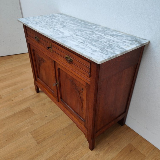 Image 1 of Vintage dresser, sideboard, chest of drawers bathroom vanity with white marble top.
