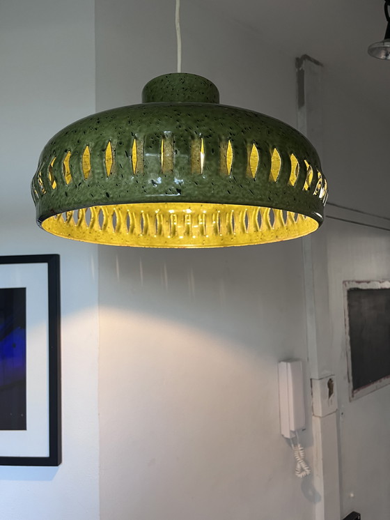 Image 1 of Vintage brutalistische groen geemailleerde hanglamp