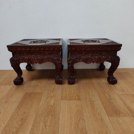 Image 1 of Set Oosterse salontafels, bijzettafels hout. Hand gestoken Aziatisch. SET PRIJS