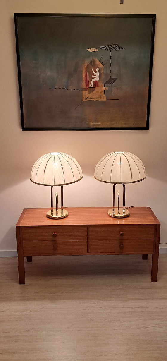 Image 1 of Pair of Hollywood Regency Brass Table Lamps with Pleated Dome Shades – Vintage 1970s – 50 cm