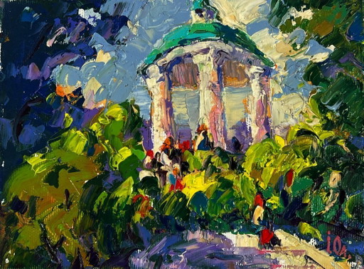 Origineel olieverfschilderij: Stadsgezicht in het zomerse stadspark