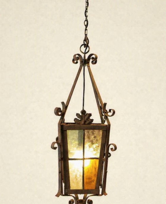 Lanterne/Suspension Art Déco française antique, vitrail. – Art Deco, Metal (photo 4 of 14)