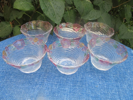 Image 1 of Ensemble de 6 petits bols japonais peints à la main, style soga, motif floral Mid-Century Modern.