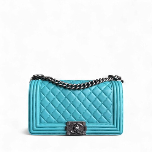 Chanel Boy Medium - 25CM Quilted Lambskin Blue Ruthenium Silver Hardware Series 19