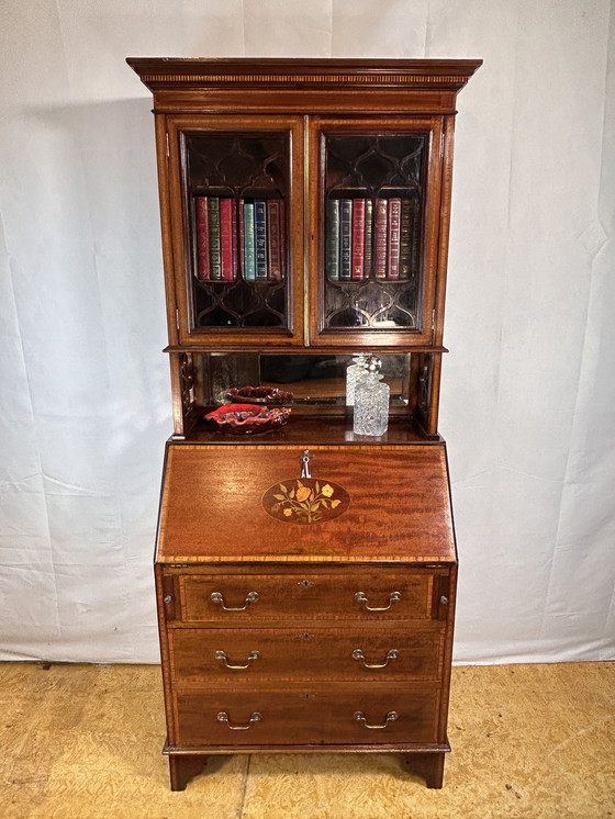 Image 1 of Antiek Edwardiaans Bureau met Ingelegd Bloemendetail - Begin 20e Eeuw Elegantie tijdloos raffinement met