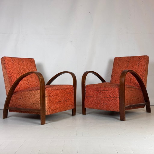 Paar französische Art-Déco-Sessel mit rotem Originalstoff, 1930er Jahre
