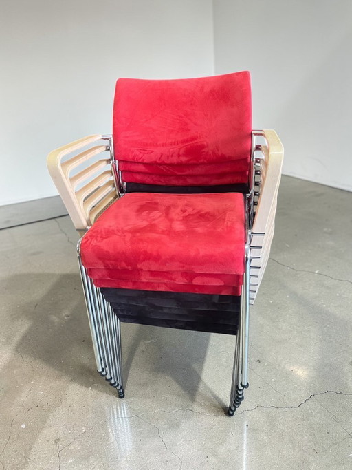 Brunner Design Konferenzstuhl stapelbar | Vintage Büro Stuhl mit Holzarmlehnen & Chrom | Besucherstuhl Rot Schwarz |