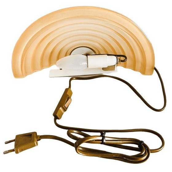 Lampada da parete vintage Happy Light con gradini, in vetro rosa salmone e ottone, stile Art Déco anni '80 (photo 7 of 7)