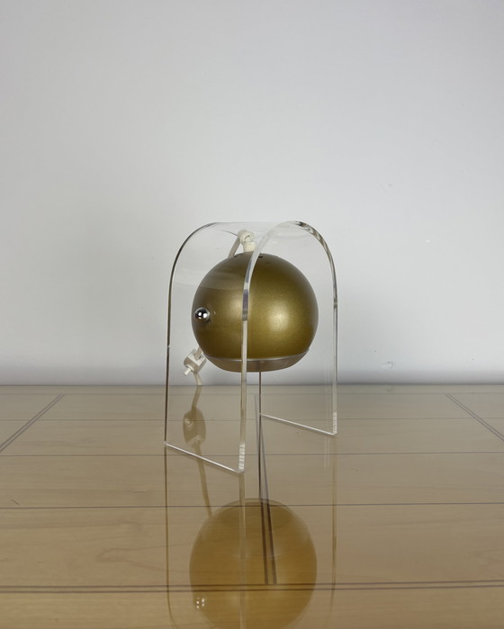 Image 1 of Plexiglass Eyeball Lamp, Sputnik design, 70s, Space Age, Table lmap, 1970s, Olive Gold Vintage Lamp with Plexiglass Stand, Spot