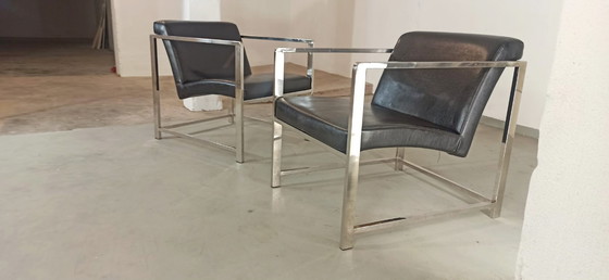 Image 1 of Set of 2 black leather and chrome easy chairs 