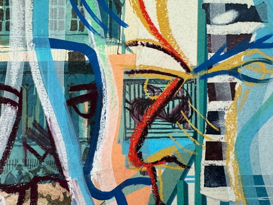 Image 1 of Thomas Van Der Linden ‘Terrace Chairs and Balcony’ – Mixed Media Collage on Canvas