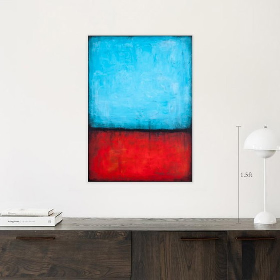 Image 1 of Blue and Red original minimalist abstract modern painting, stretched canvas