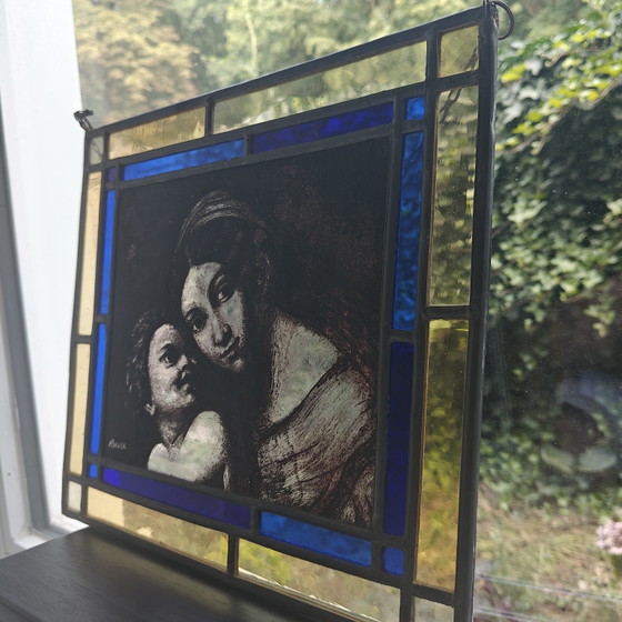 Handgemaakt Glas-in-lood Paneel – Gesigneerd A. Bauer – Moeder Met Kind – Glaskunst (photo 5 of 9)
