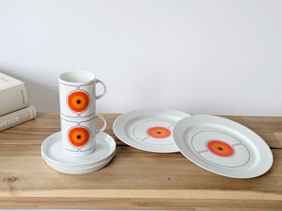 Image 1 of Vintage Thomas Germany “Eclipse” Porcelain Coffee Set, 6 pieces, 1970s Retro Orange Graphic Design