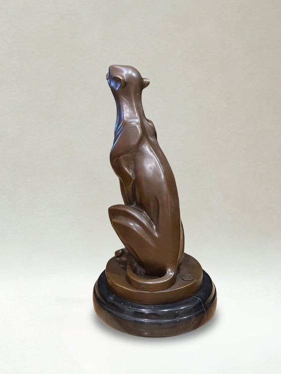Image 1 of Art Deco bronze panther – Signed De Coux – 30cm - 4kg – Marble base