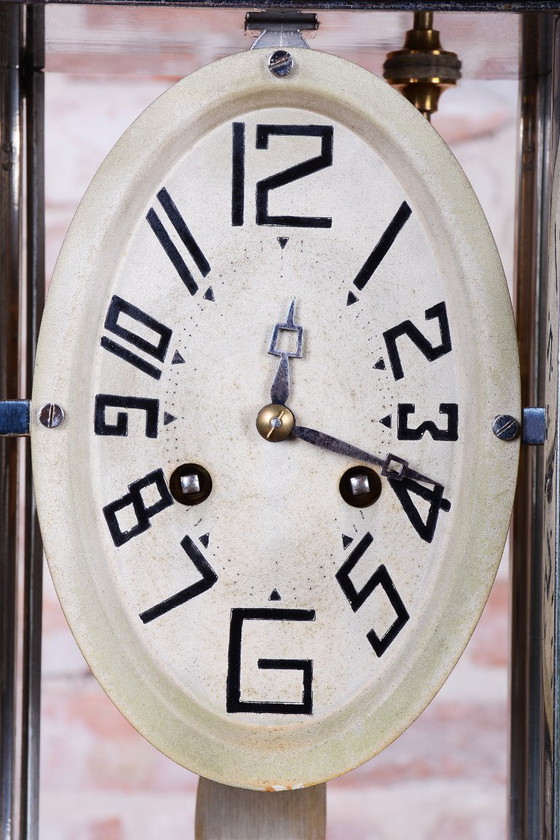 Restored Art Deco Fireplace Clock, Marble, Bronze, Glass, France. 1920s, Black (photo 11 of 15)