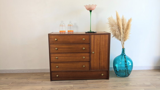 Image 1 of Vintage Scandinavian Wood and Brass Chest of Drawers