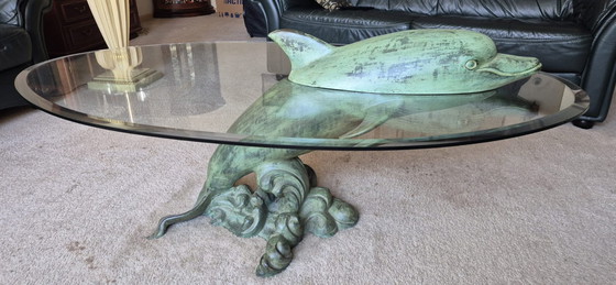 Image 1 of Großer, skulpturaler Delfin-Couchtisch – Hollywood Regency – Bronze-/Messingpatina