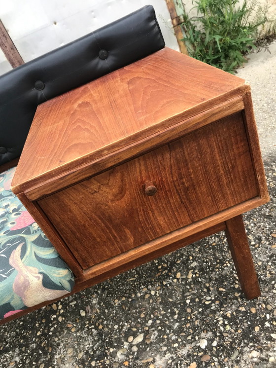 Restored Vintage Teak Telephone Bench Unit with Vinyl Seat, 1960s – Benches, Leather, Brass (photo 6 of 7)