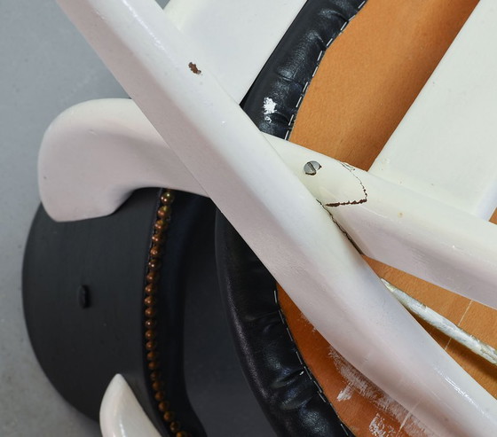 Image 1 of Louis van Teeffelen Dutch Design Pelican Arm Chair for Webe in Solid White Painted Teakwood and Black Leatherette. 