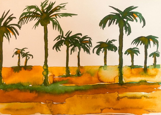 Signed Painting Egypt Landscape « Sunrise on the Nile. » – Verilhac, Art, Paper (photo 10 of 10)